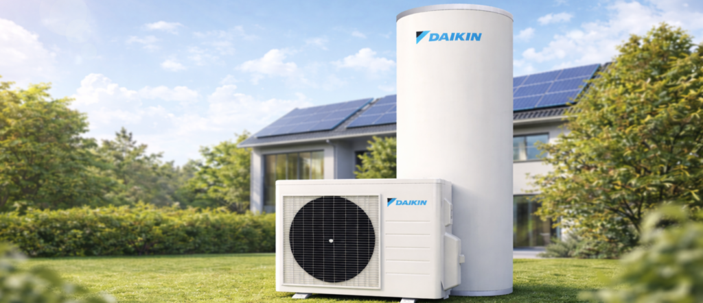 Daikin CO₂ hot water heat pump system beside an energy efficient home