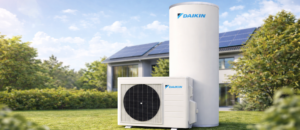 Daikin CO₂ hot water heat pump system beside an energy efficient home